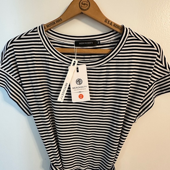 Merokeety T-shirt Dress w/pockets/wrap belt-Stripes midi length women’s NWT blue - Picture 2 of 8